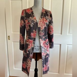 Women's Floral Open Front Long Coat - Pink/Gray